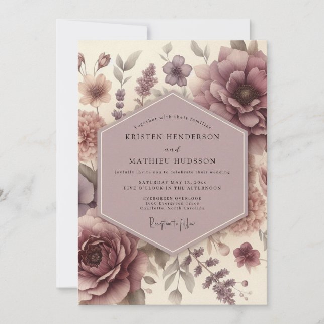 Mauve Floral Bloom Wedding Einladung (Vorderseite)