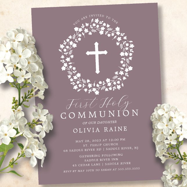 Mauve Floral Girls First Communion Einladung (Von Creator hochgeladen)