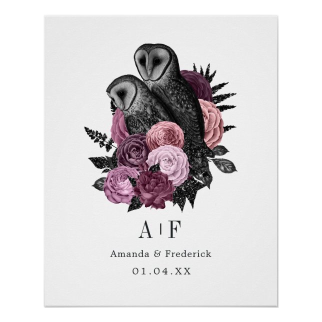 Mauve Floral Glam Gothic Owls Wedding Poster (Vorderseite)