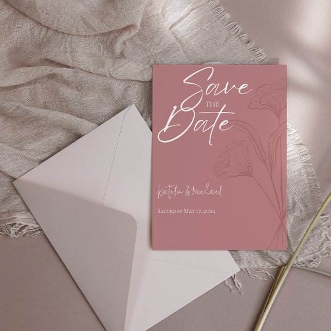 Mauve Floral Line Art Wedding Save the Date (Von Creator hochgeladen)