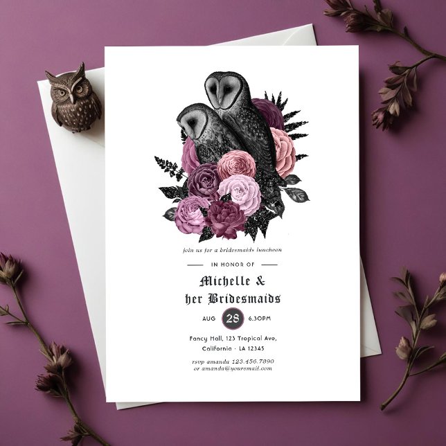 Mauve Floral Owls Gothic Bridesmaids Luncheon Einladung (Mauve Floral Owls Gothic Bridesmaids Luncheon Invitation)