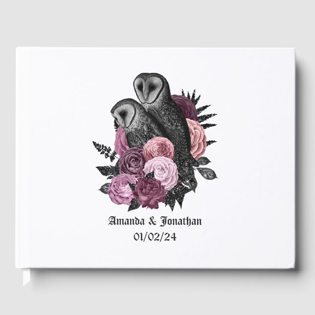Mauve Floral Owls Gothic Wedding Gästebuch (Vorderseite)