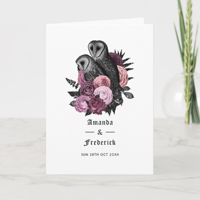 Mauve Floral Owls Gothic Wedding Programm (Vorderseite)