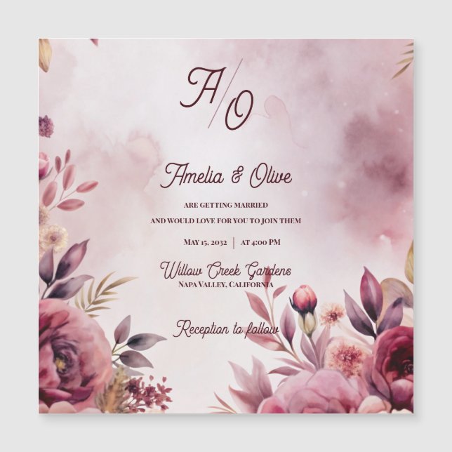 Mauve Floral Romantic Blush Wedding Invitation  Magnetkarte (Vorderseite)
