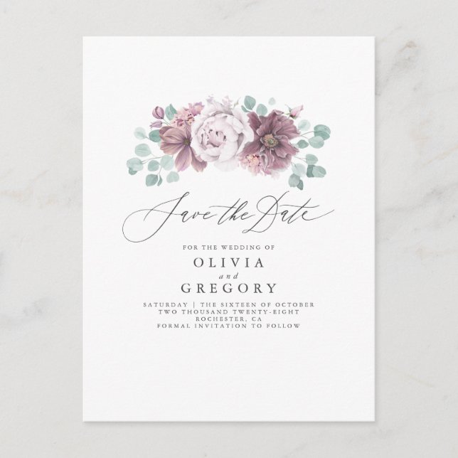 Mauve Floral Save the Date Ankündigungspostkarte (Vorderseite)