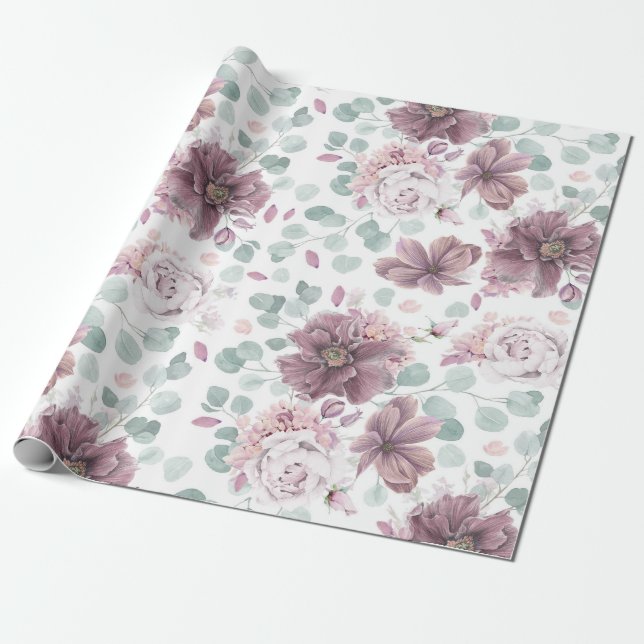 Mauve Floral und Eukalyptus Blätter Elegant Geschenkpapier (Ungerollt)