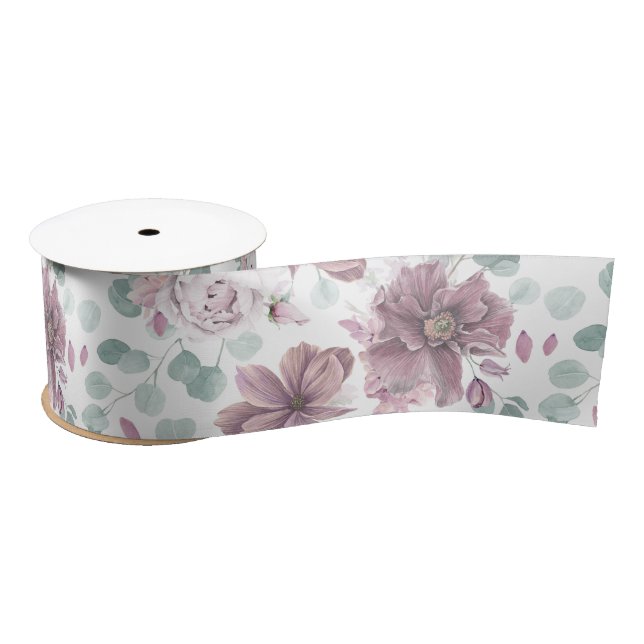 Mauve Floral und Greenery Muster Elegant Satinband (Spule)