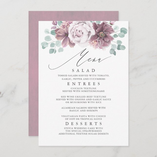 Mauve Floral Wedding Menu Menükarte (Vorne/Hinten)