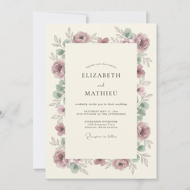 Mauve Florale Hochzeit Einladung (Vorderseite)