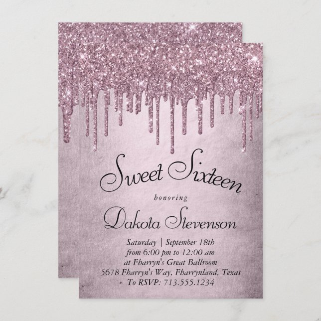 Mauve-Glitzer | Dusty Pink 16 . Geburtstag Einladung (Vorne/Hinten)