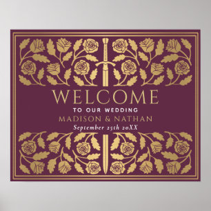 Mauve-Gold-Schwert Königliche Hochzeits-Willkommen Poster