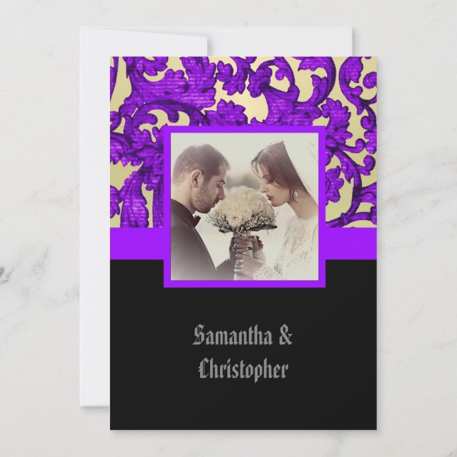 Mauve Gothic damask wedding photo invitation Einladung (Rückseite)
