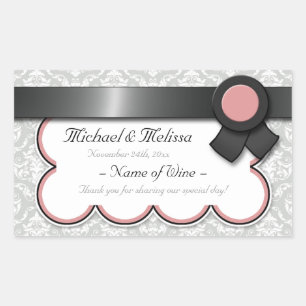 Mauve & Gray Damask Hochzeitweilige Weinflaschen Rechteckiger Aufkleber