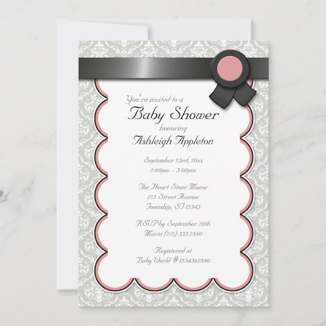 Mauve & Gray Damask Kinderdusche Einladungen (Vorderseite)