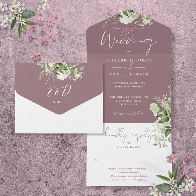 Mauve Greenery Floral Monogram Wedding All In One Einladung (Mauve Greenery Floral Monogram Wedding All In One Invitation)