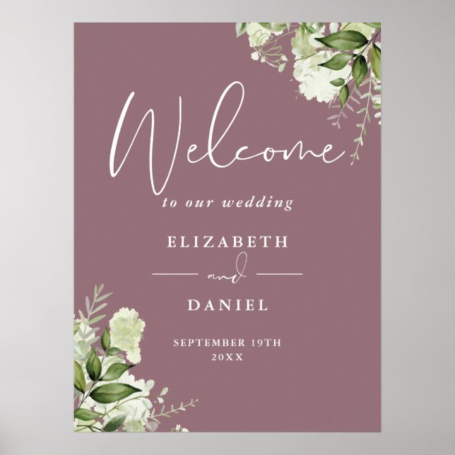 Mauve Greenery Floral Wedding Willkommenszeichen Poster (Vorne)