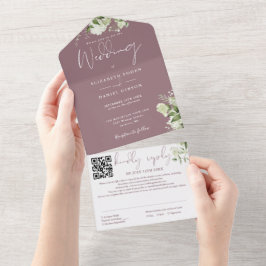 Mauve Greenery Monogram QR Code Wedding All In One Einladung