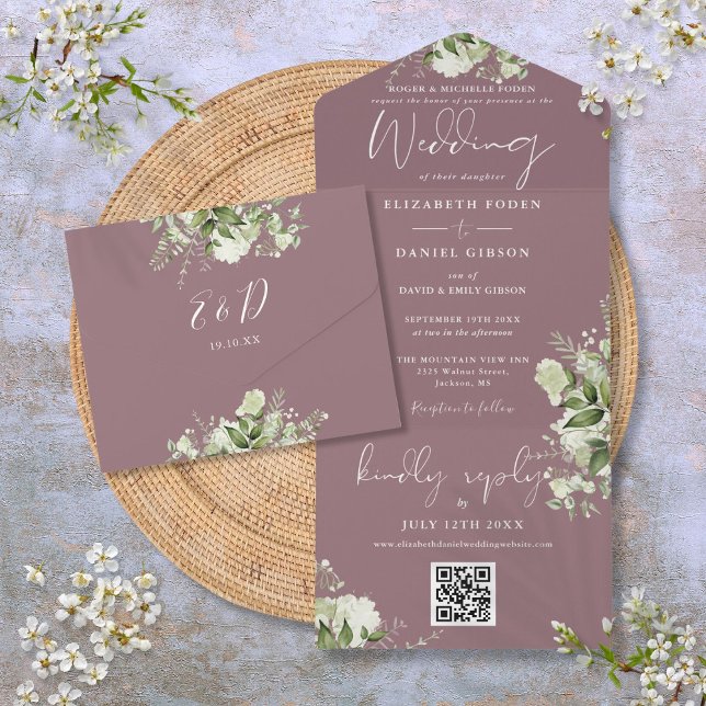 Mauve Greenery QR Code Formal Wedding All In One Einladung (Mauve Greenery QR Code Formal Wedding All In One Invitation)