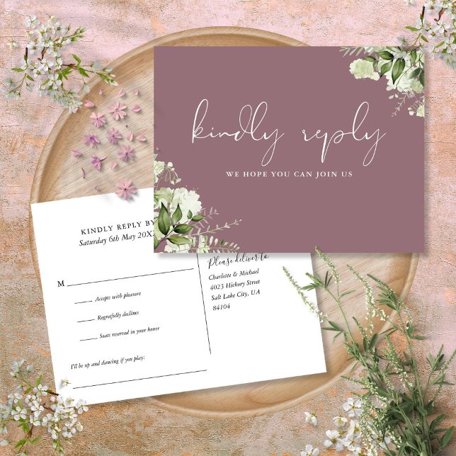 Mauve Greenery Song Request UAWG Postcard Einladungspostkarte (Mauve Greenery Song Request RSVP Postcard)