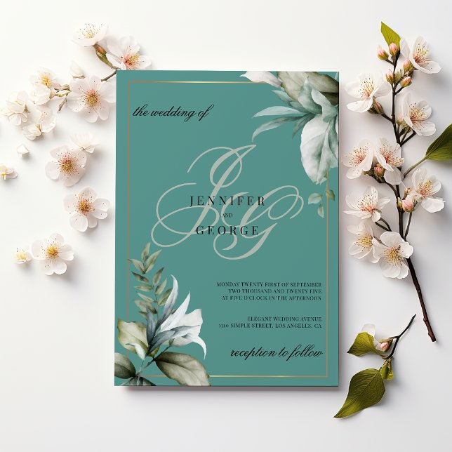 Mauve grüne goldene Blattpantage Monogramm Initial Einladung (Mauve green gold foliage monogram initials wedding)