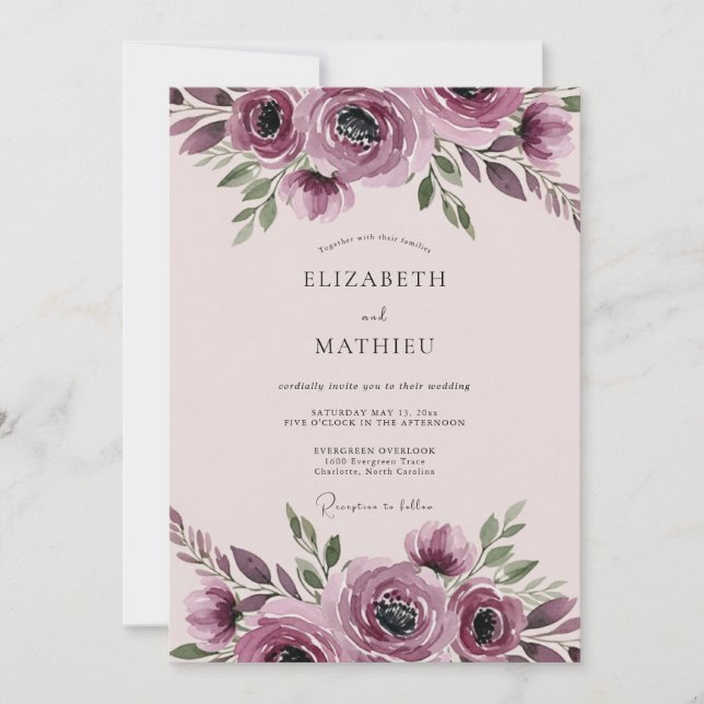 Mauve Harmonious Botanical Wedding Einladung (Vorderseite)