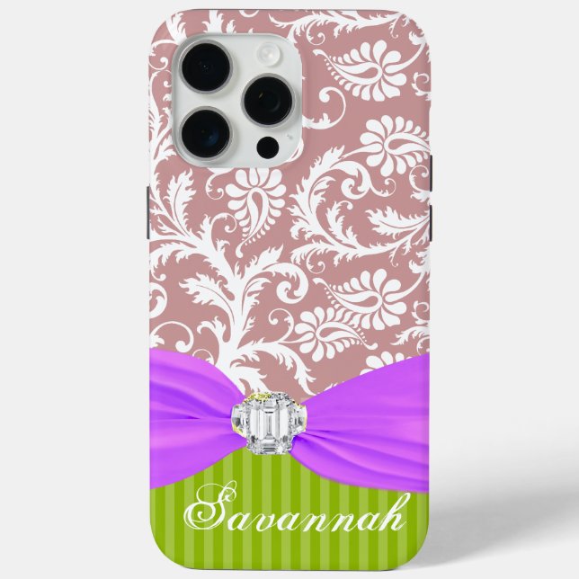 Mauve Imitats Rhinstone Personalisiert Damask Case-Mate iPhone Hülle (Rückseite)