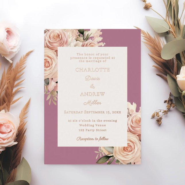 Mauve ivory dusty rose florals wedding rose gold folieneinladung (Von Creator hochgeladen)
