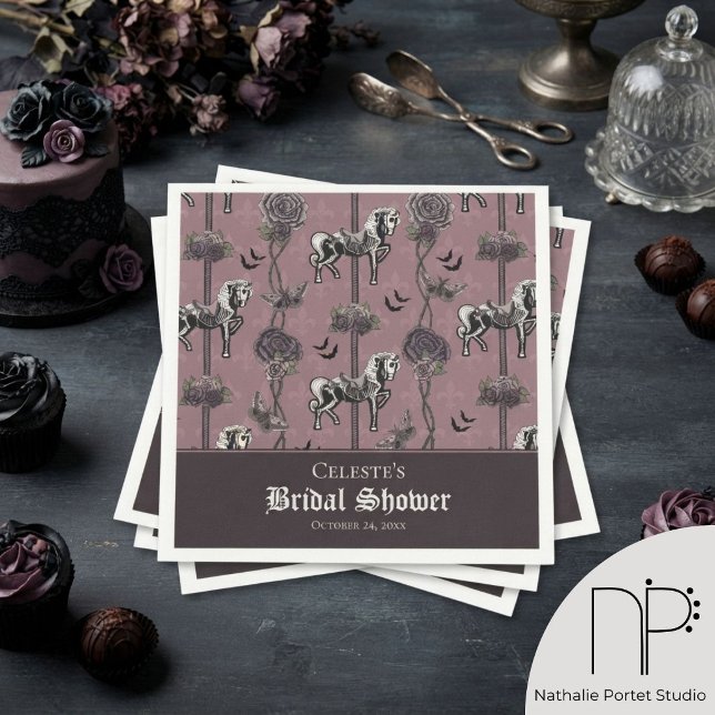 Mauve Karussell-Skelett-Pferdemuster Serviette (Moody mauve skeleton carousel horse and dark roses for romantic alternative bridal shower party)