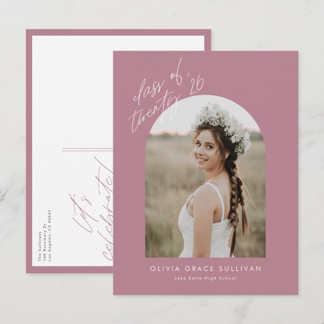 Mauve-Klasse 2025 Arch-Foto-Abschluss Einladungspostkarte (Vorne/Hinten)