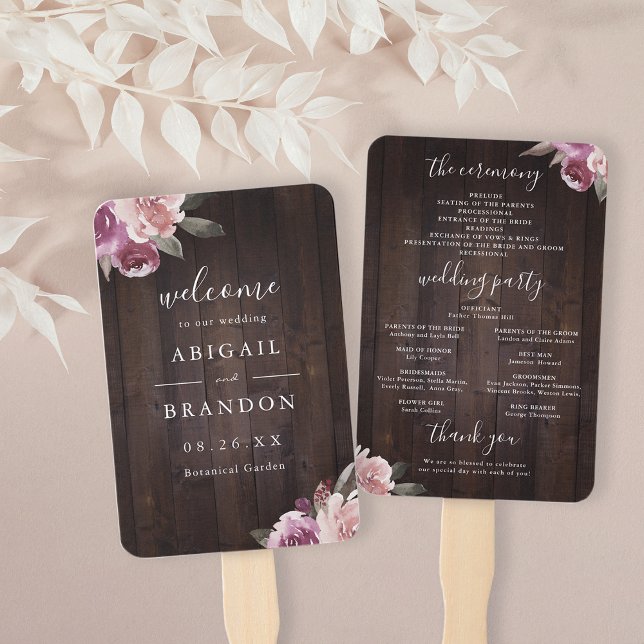 Mauve lila, blumengeschmücktes Hochzeitsprogramm Fächer (Mauve purple floral rustic wood wedding program hand fan)