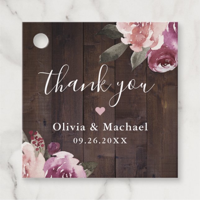 Mauve lila blumengeschmücktes Holz Danke für Ihre  Geschenkanhänger (Vorderseite)