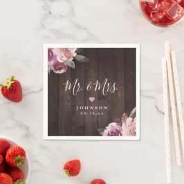 Mauve lila, blumengeschmücktes Holz Mr. & Mrs. Serviette