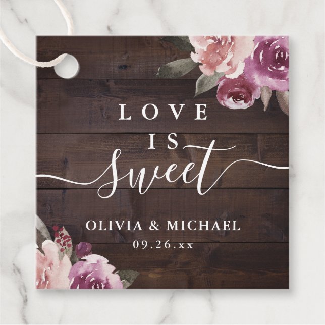 Mauve lila blumenreiche rustikale Liebe ist süß Geschenkanhänger (Vorderseite)