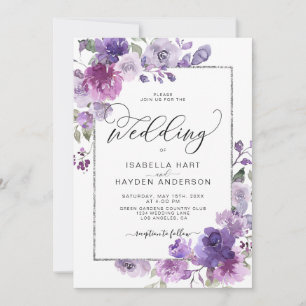 Mauve Lila Lilac Floral Silver FoilFrame Wedding Einladung
