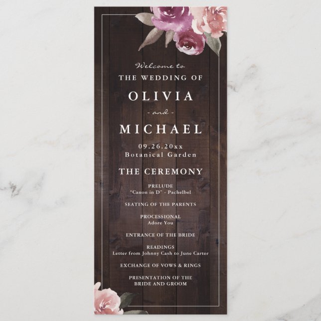 Mauve lila & maulbeerblumengeschmückte Hochzeit au Menükarte (Vorderseite)