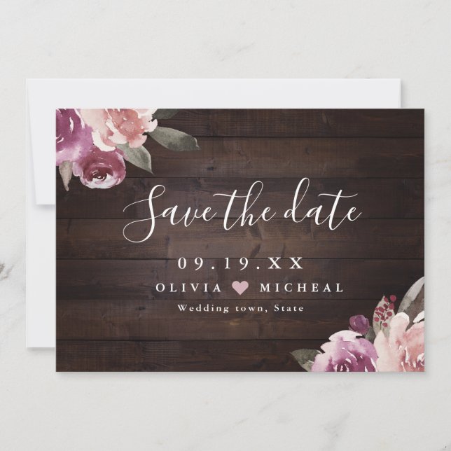 Mauve lila & maulbeerblumengeschmückte Hochzeit au Save The Date (Vorderseite)