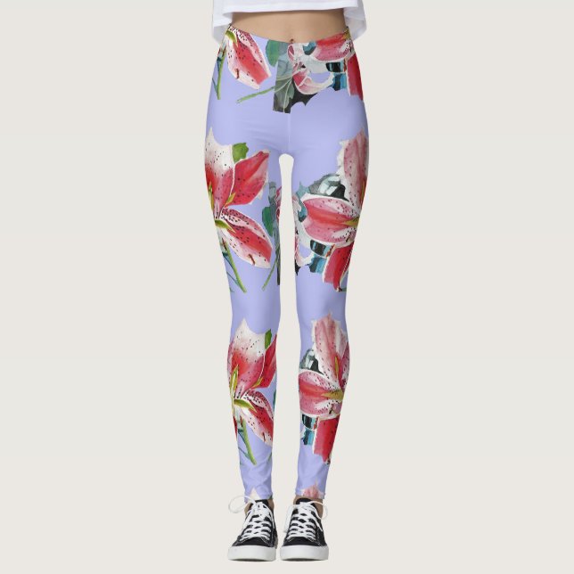 Mauve Lilac Lily Blütenkunst Aquarell Leggings (Vorderseite)