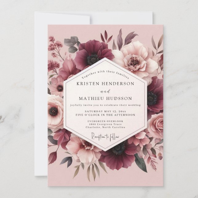 Mauve & Maroon Romantic Bloom Wedding Einladung (Vorderseite)