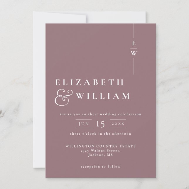Mauve Minimalistisch Modern Monogram Wedding QR Co Einladung (Vorderseite)