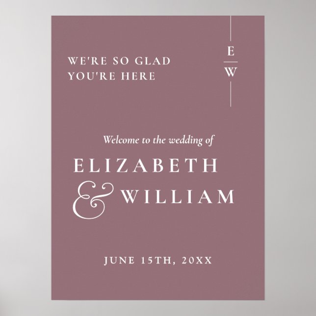 Mauve Minimalistisch Monogram Wedding Welcome Sign Poster (Vorne)