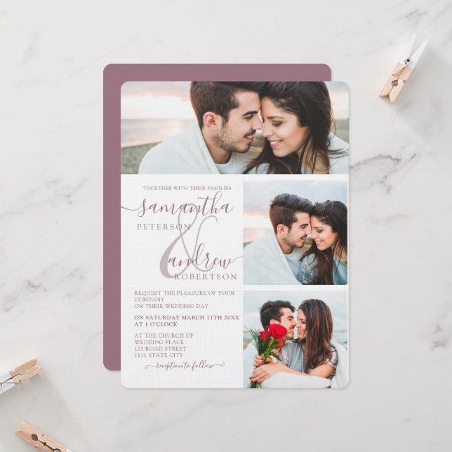 Mauve minimalistisches Drehbuch 3 Fotos Hochzeit Einladung (Vorderseite/Rückseite Beispiel)