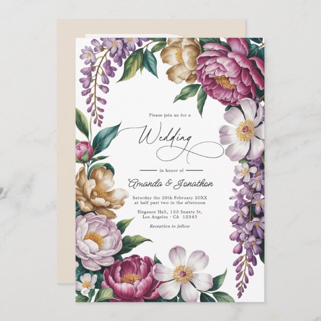 Mauve Mist, Champagne Gold & White Floral Wedding Einladung (Vorne/Hinten)