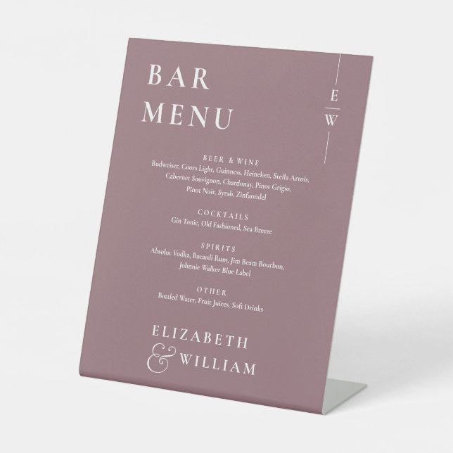 Mauve Modern Minimalistisch Monogram Bar Menu Sockelschild (Vorderseite)