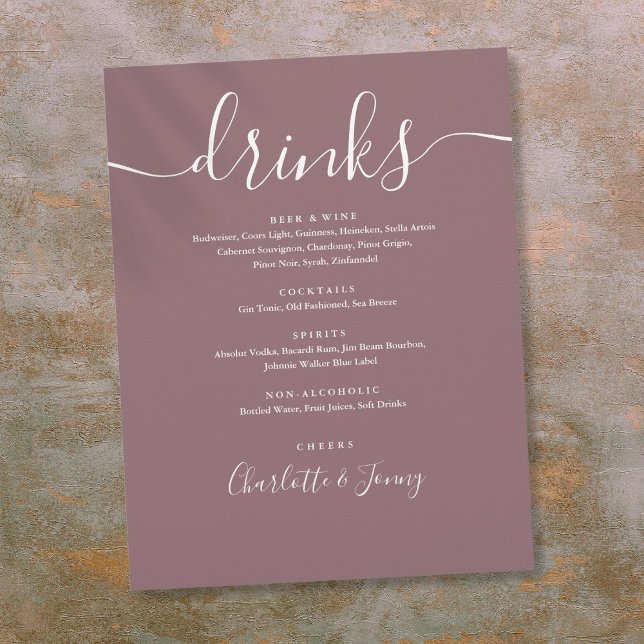 Mauve Modern Script Wedding Drinks Menü (Mauve Modern Script Wedding Drinks Menu Flyer)