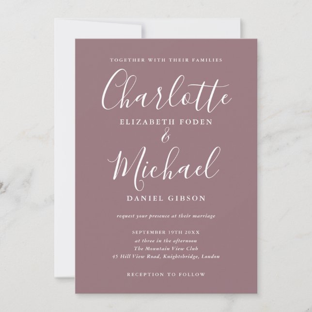 Mauve Modern Signature Script Foto Hochzeit Einladung (Vorderseite)