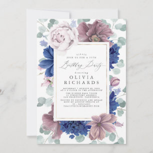 Mauve Navy Blue Floral Elegant Moderner Geburtstag Einladung