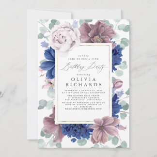 Mauve Navy Blue Floral Elegant Moderner Geburtstag Einladung