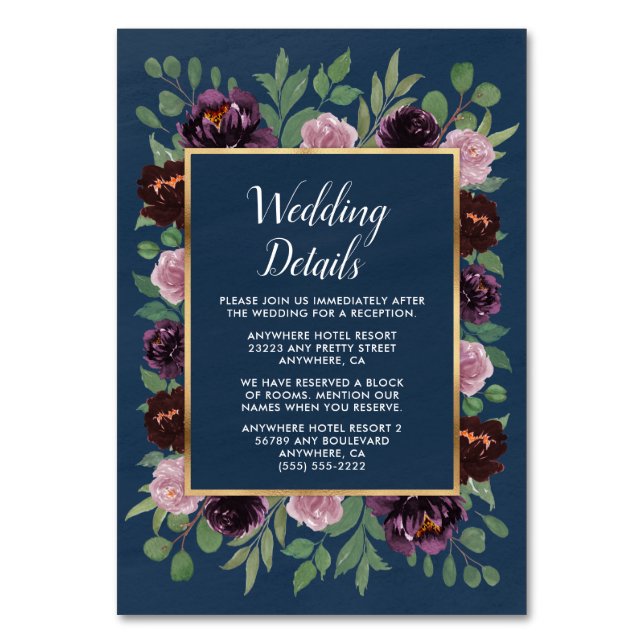 Mauve Navy Blue Gold Plum Hochzeitskarten Tischnummer (Vorderseite)
