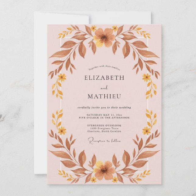Mauve-Ocker-Blatt-Hochzeit Einladung (Vorderseite)