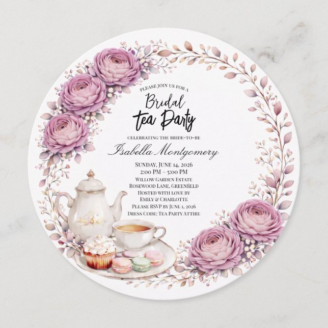 Mauve Palette Tea Party Bridal Shower Einladung (Vorderseite)